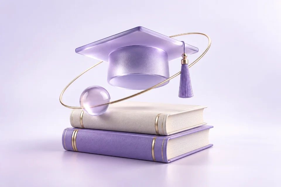 A lavender glass graduation cap floating above ivory books