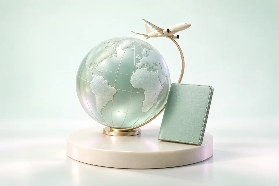 A mint glass globe with an orbiting airplane and a passport